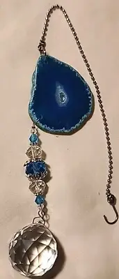 Blue Agate Slice Crystal Hanging Sun Catcher Prism 15"