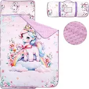 Toddler Nap Mat with Removable Pillow & Soft Minky Blanket, HNHUAMING Extra Large Rolled Napping Mats for Girls Boys, Kids Slumber Bags for Daycare, Preschool Travel Camping