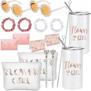 Sieral 16 Pcs Flower Girl Proposal Gifts Tumblers with Card Envelope Canvas Makeup Bag Sunglasses Hair Scrunchies Diamond Pen for Wedding Bridal Shower(Flower,White)