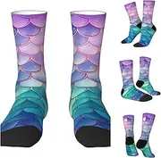[BWLHJKE] Dreamy Gradient Mermaid Scales Crew Socks Hiking Running Thick Cushion Athletic Socks Casual Calf Sock