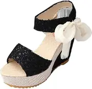 [Gaorui] Women's Lace Shoe Hollow Sandals Peep Toe Bowknot High Heel Platform Wedge Pump