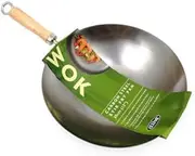 Wok stir Fry pan Chinese 30 cm Flat Base Wood Handle and Professional Carbon Steel