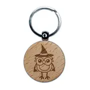 Owl With Witch Hat Cape Halloween Engraved Wood Round Keychain Tag Charm