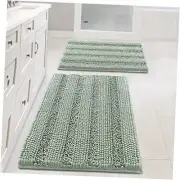 Sage Bathroom Rugs, Bath Mat Set of 2 Extra Thick Chenille Striped Pattern