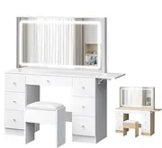 ALFORDSON Vanity Dressing Table Set with Adjustable LED Mirror, Drawers and Stool, Makeup Desk with Extendable Countertop, 140cm, White Color