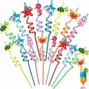 16pcs Beach Drinking Straws for Kids, BetterJonny Ocean Creature Drinking Straws Silly Swirly Straws Reusable Sea Animal Theme Straws for Kids Party Decorations