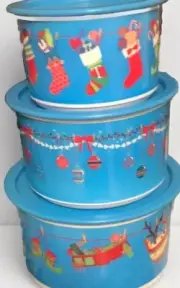 Tupperware Jolly Holiday 3 Pc Christmas One Touch Canister Set - Nesting