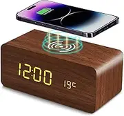 Wooden Digital Alarm Clock with Wireless Charging, 3 Alarms LED Display, Sound Control and Snooze Dual，Adjustable Brightness, Time Temperature (Brown)