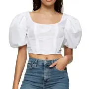 Topshop White Cropped Corset Puff Sleeve Top Parachute Silver Zipper New SIZE 10