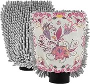 Pink Batik Boho Floral Beige Wash Mitt Car Washing Scratch-Free Car Washing Kit Mitts Cleaning Absorbent Microfiber Chenille, Large x 2 Pack