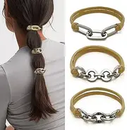 Hair Tie Bracelets for Women, 3Pcs Cute Elastic Hair Ties Ponytail Holders with Silver Jewelry Strenchy Bronde Scrunchies Hair Ties No Damage For Girls Womens Gifts (Khaqi with Silver)