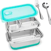 [Lunbengo] 1400ml Stainless Steel Bento Lunch Box with Plastic Lids- Large Meal Prep Container with 500ml Divided Compartments - Premium Spoon&Fork/Anti-Slip Rubber/Air Vent, 8.7'' x 5.5''