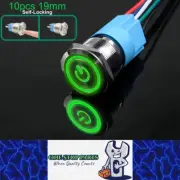 10 x 19mm Metal Push Button Switch Green LED 12-24V PreWired Self-Locking Switch