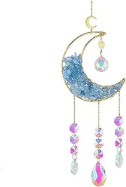 Kawlxpp Handmade Crystal Decor Hanging Moon Suncatcher with Glass Prisms for Window Making Rainbows Indoor (Blue)