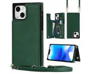 Iphone 15 Phone Case, RFID Blocking Iphone 15 Wallet Case With Wrist Strap-Green
