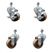 3 Inch SS High Temp Phenolic Swivel 3/8 Inch Threaded Stem Caster Set 2 Brakes