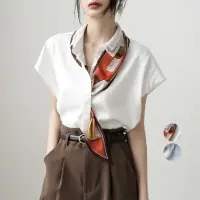 在飛比找momo購物網優惠-【SAS】法式雪紡絲巾POLO領短袖襯衫(2色可選 襯衫 雪