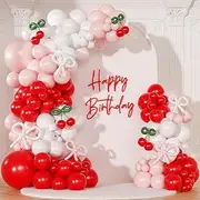 CROSSFINGERS Pink and Red Cherry Balloon Garland Arch Kit,150pcs Coquette Bow Pastel light Pink Red White Balloons for Birthday Baby Shower Wedding Galentine's Bridal Shower Party Decorations