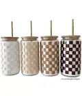 Set of 4, 16oz Neutral Checkered Glass Cans, Boho Aesthetic Iced Coffee/Matcha