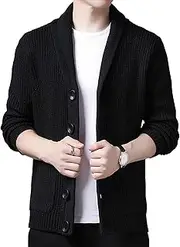 [SWJGLITTR] Men's Buttons Down Cable Knit Sweater Casual Shawl Collar Cardigan Cardigan Sweater Pockets Jackets for Men, Black, Large