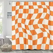 Cute 70S Retro Checkerboard Shower Curtain, Funky Groovy Orange Grid Checkered Shower Curtain Set with Hooks Tippy Trendy Style, Bright Hippie Cool Pastel Aesthetic Boho Bathroom Accessories, 72"X72"