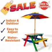 Keezi Kids Picnic Table Bench Set Umbrella Children Wooden Outdoor Indoor Chair