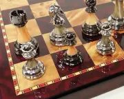 Staunton Chrome & Black Chrome Chess Men Set W 18" Gloss Cherry Color Board