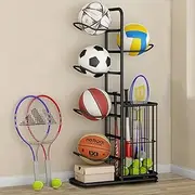 Fohouse Garage Sports Equipment Organizer with Basket – Ball Storage Rack for Basketball, Soccer, Football & Toys Ball Storage Garage | Sports Organizer for Garage & Indoor Use, Black