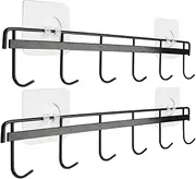 Yizhi Adhesive Wall Hooks Rack Kitchen Rail, Space Saving Utensil Holder No Drilling Wall Mounted Accessory Hanger with 6 Hooks for Kitchen Bathroom Bedroom Pack of 2 (Black)