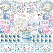 Cinnamoroll Birthday Decorations, 101PCS Party Supplies Set Include Banner, Balloons, Stickers, Hanging Swirls, Cake Cupcake Toppers, Tablecloth for Kids Cinnamoroll Theme Party