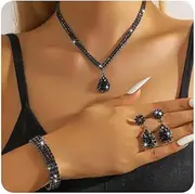 [Xerling] Full Rhinestones Teardrop Crystal Necklace Bracelet Earrings Bling Brides Bridal Jewelry Set Art Deco Costume Jewelry Gifts for Women, Adjustable, Metal, No Gemstone