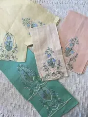 Handmade Linen Embroidered Dish/Tea Towel Pink Aqua &Yellow 11x17 inch NEW 6 Pc