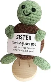 Fxkoolr Funny Creative Positive Turtle with Holding Card and Wooden Base, Inspirational Potato Unique Women Birthday Gift (Sister I Turtle-y Love You)