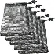 5PCS Nylon Mesh Drawstring Durable Gym Bag Small Travel Stuff, Black,