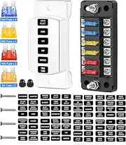 6 Way Fuse Box, 12V Blade Fuse Block with Negative Bus, Fuse Box Holder with LED Indicator ATO/ATC Fuse Panel Waterproof Cover for 12V Automotive Car, Truck, Marine Boat, RV, Trailer