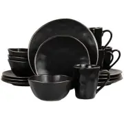 Elama Modern 16 pc Stoneware Dinnerware Set in Matte Black w Gold Rim