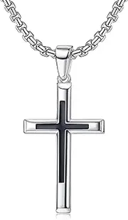 [Kakonia] Cross Necklace for Men Women 925 Sterling Silver Black Cross Pendant Chain Highly Polished Beveled Edge Cross Pendant Necklace