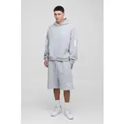Mens Grey Marl Oversized Boxy Worldwide Drop Crotch Hooded Short Tracksuit