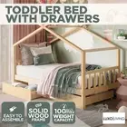 Solid Pine Timber Single Kids House Bed Frame with Storage Drawers, Natural