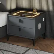 Oikiture Smart Bedside Table Wireless Charging LED 2 Drawers Nightstand Grey