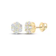 10K Yellow Gold Mens Round Diamond Flower Cluster Earrings 3/4 Cttw