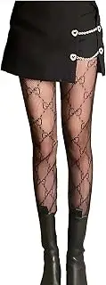[86 V THE BUTCHER] Women's High Waist Letter G Pattern Fishnet Tights - 1pcs, Sexy Lace Design, Stretchable No-Bite Comfort, Fashion Designer Stockings, Black, One Size