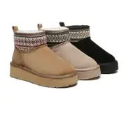 EVERAU® UGG Boots Sheepskin Wool Woven Ankle Platform Grantlee - Black / AU Ladies 9 / AU Men 7 / EU 40