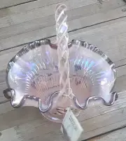 BILL & GEORGE FENTON HAND PAINTED OPALESCENT RUFFLED BASKET W/ TAG SIGNED