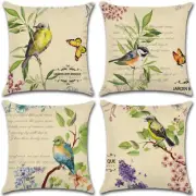 Set of 4 Pillow Covers 18x18, Birds on Branches & Butterflies Style Linen Fabric