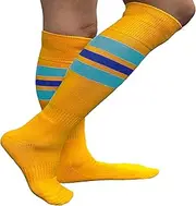 (Medium, Golden Yellow/Light Sky Blue/Blue) - Couver Men's Golden Yellow Striped Knee High Sports/Baseball/Athletic Socks