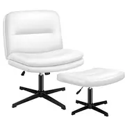 ALFORDSON Ergonomic Armless Criss-Cross Desk Chair with Ottoman Stool, Mid-Back Design, Adjustable Height & Tilt, Swivel, 180kg Max, Pax White Cross-Legged Office Chair