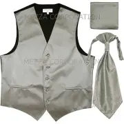 New Men's Tuxedo Vest Horizontal Stripes Ascot Cravat Hankie set prom party Gray