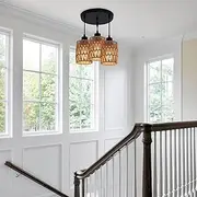 Oninio 3-Light Hand-Woven Rattan Pendant Light – Adjustable Height, E27 Ceiling Lighting for Foyer Entryway – Staircase Chandelier Lighting Modern with Natural Rattan Lampshade