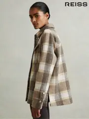 Reiss Neutral Phoebe Wool Blend Checked Shacket (E86184) | $480